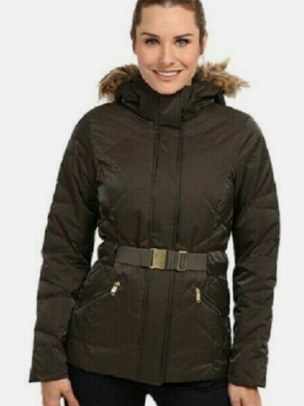 The North Face Army Green Quilted Belted Puffer Jacket with Removable Fur Hood S
